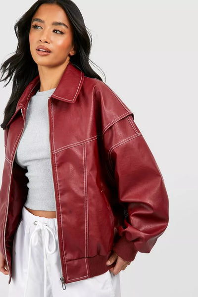 Faye™ | Oversized Rote Lederjacke